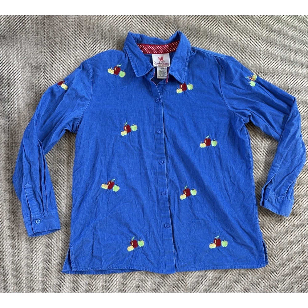 Quacker Factory Women's L Button Up Long Sleeve Blue Corduroy Apples Embroidery